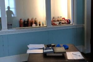 Glass jars and bottles in an window display